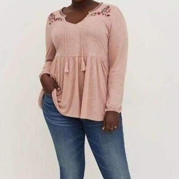 Torrid Embroidered Peasant Top Womens Size 2X Dusty Rose Tassel Babydoll Blouse - Picture 12 of 12